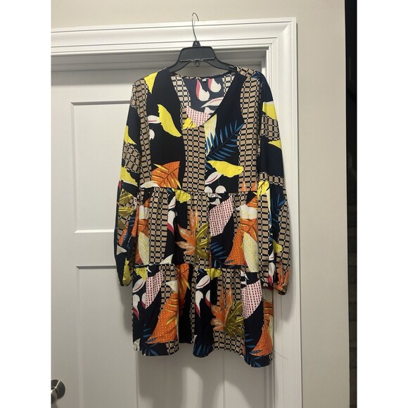 Tiered V-Neck, Navy, Yellow, Orange Colorful Abstract Flowy Comfortable Dress XL - Picture 6 of 7
